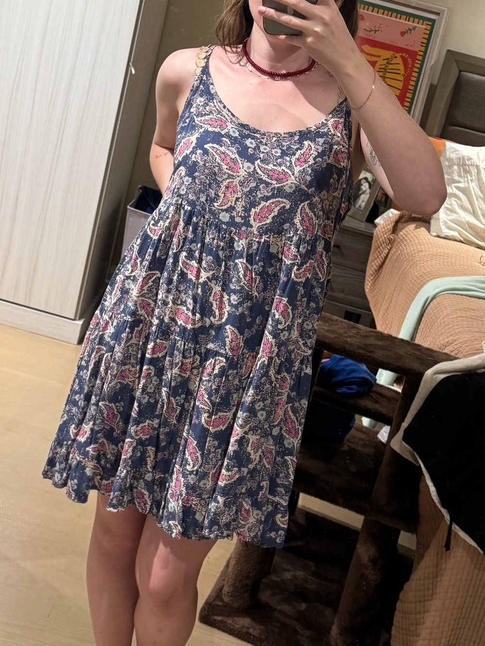Mossimo Supply Co. Navy Paisley Tiered Mini Dress with Pink Accents